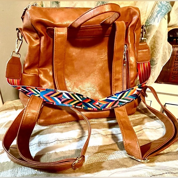 Boho Convertible Backpack Purse — Vegan Leather Camel Tan Bag with Aztec Strap - Picture 12 of 15